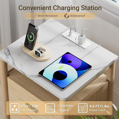 Night Stand with Charging Station, 2 Drawers End Table with Solid Round Post - Image 4