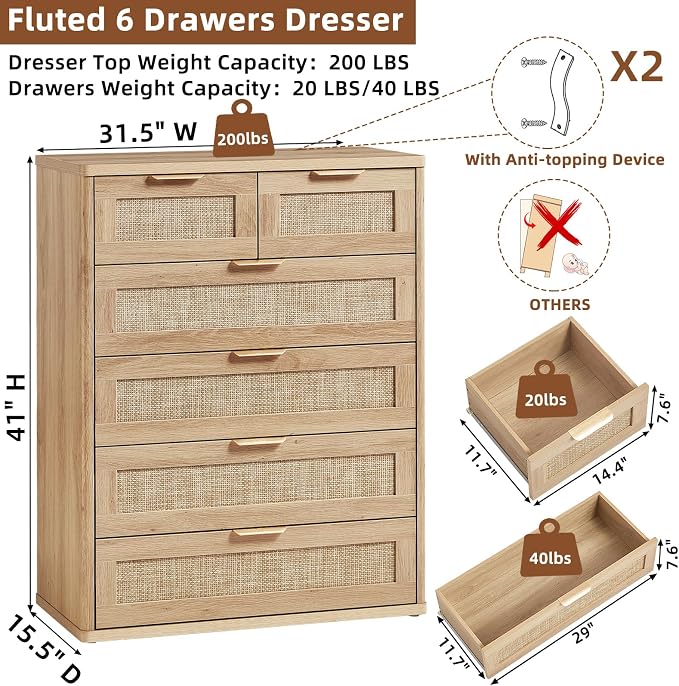 LEYAOYAO Rattan Dresser for Bedroom, Modern 6 Drawers Boho Dressers - Image 3