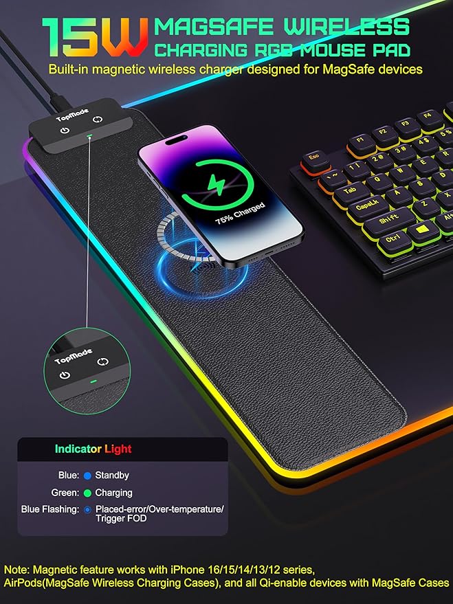 TopMade Mouse Pad with Wireless Charging, 31.5" x 11.81" Large Desk Mat RGB - Image 2