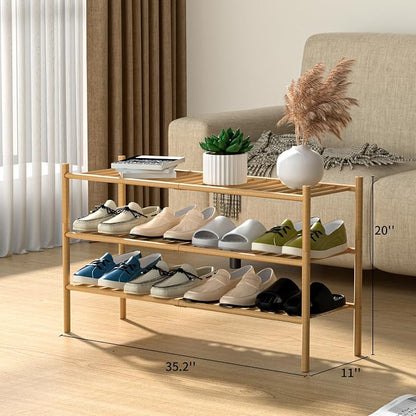 3-Tier Bamboo Long Shoe Rack, Free Standing Wood Shoe Shelf Storage Organizer - Image 3