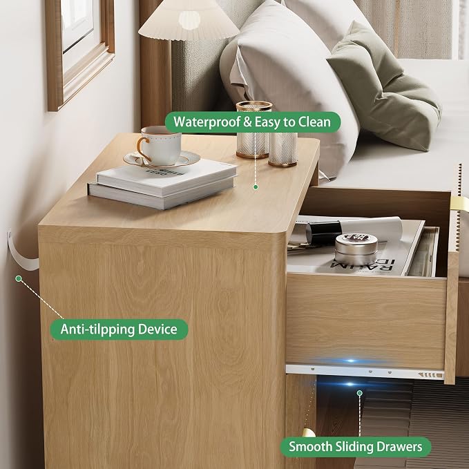 Fluted Nightstand with 3 Storage Drawers, Mid Century Modern Wooden Side Table - Image 6