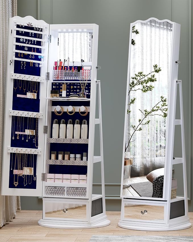 Full-Length Mirror Jewelry Cabinet Standing, 360° Swivel Jewelry Armoire - Image 8