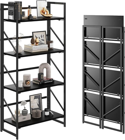 JSB No Assembly Folding Bookshelf, 4 Tier Industrial Metal Book Shelf by HomeFurniture