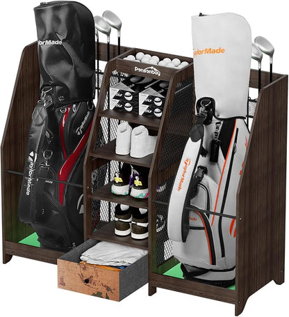 Golf Bag Storage Organizer for Garage, Premium Wooden 2 Golf Bags Rack by Ponsonbay