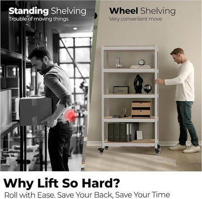 HOMEDANT House White 5-Tier Metal Boltless Rolling Cart Shelf Rack Casters - Image 3
