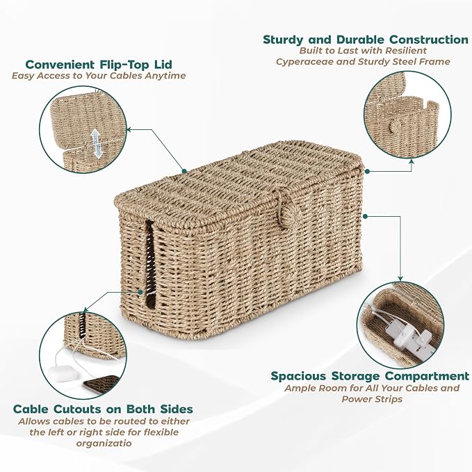 BLUEWEST Large Cable Management Box, Natural Rattan Cable Cord Organizer Boxes - Image 4