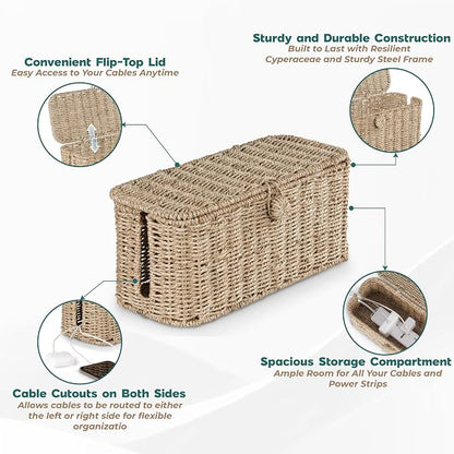BLUEWEST Large Cable Management Box, Natural Rattan Cable Cord Organizer Boxes - Image 4