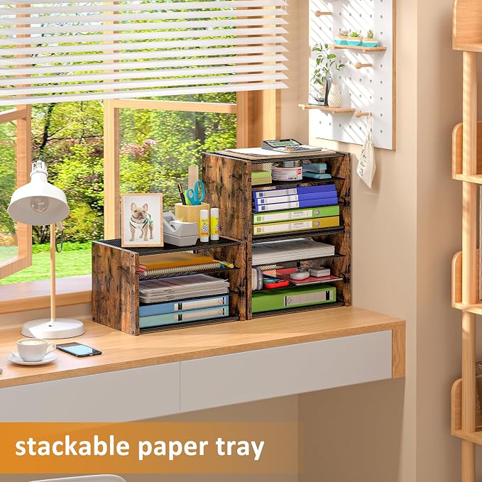 3-Tier Paper Letter Tray, Wooden Desk File Organizer, Stackable Metal Mesh Desk - Image 7