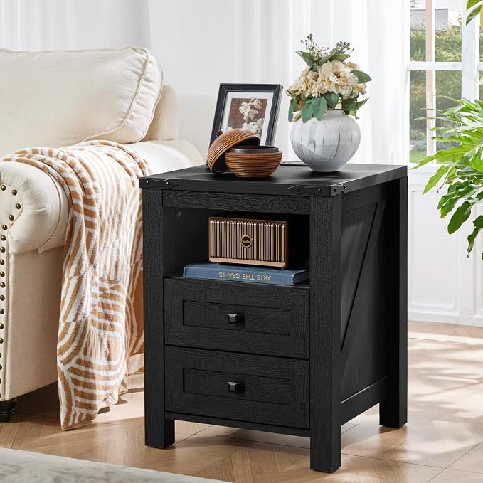 Night Stands with Charging Station Set of 2, Farmhouse Nightstand, Wooden - Image 2