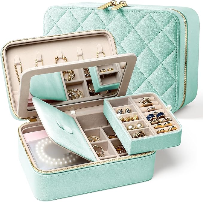 Velvet Travel Jewelry Box with Large Mirror, Double-Layer Jewelry Organizer Case by Lumayina