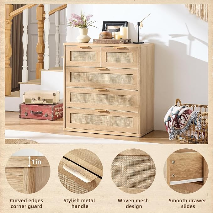LEYAOYAO Rattan Dresser for Bedroom, 33.5" Tall Chest of Drawers, Modern 5 - Image 4