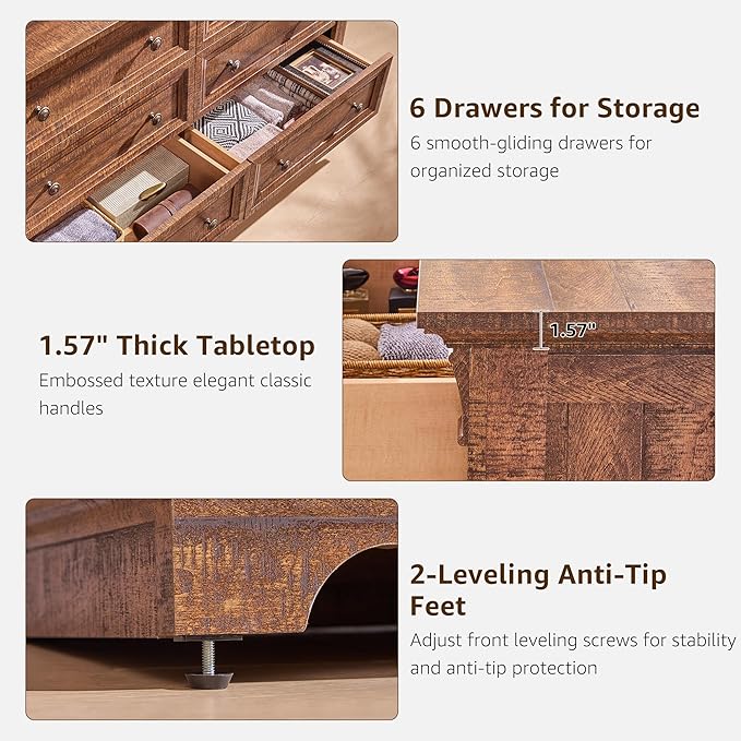 Farmhouse 6 Drawers Dresser for Bedroom, Wooden Dresser TV Stand - Image 5