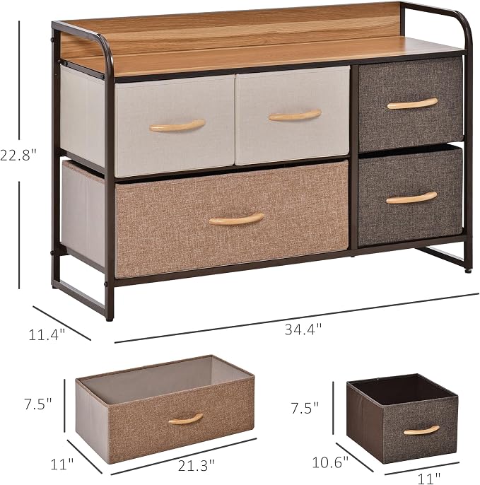 HOMCOM 5-Drawer Dresser, Fabric Chest of Drawers, 2-Tier Storage Organizer - Image 3
