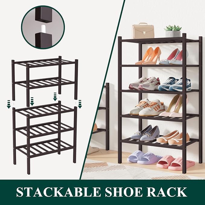 Smiry Bamboo Shoe Rack for Closet, 3 Tier Small Wooden Stackable Shoe Organizer - Image 4