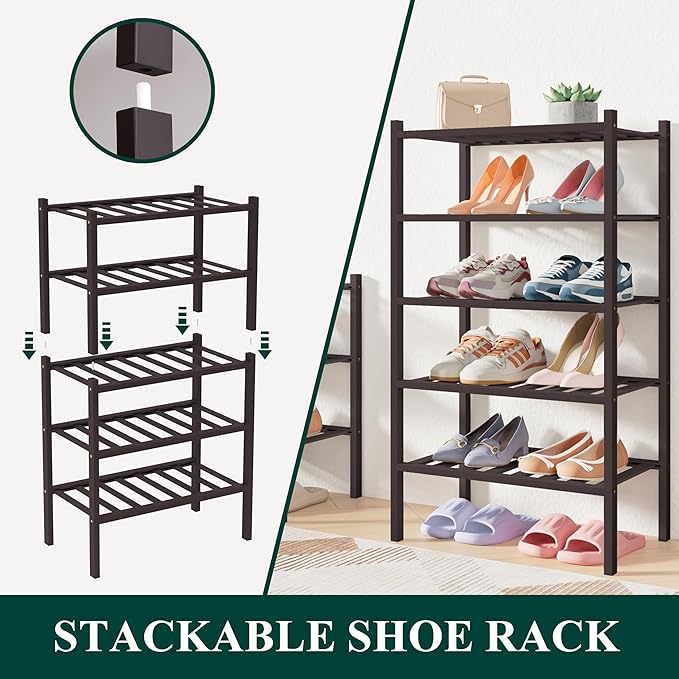 Smiry Bamboo Shoe Rack for Closet, 2 Tier Small Wooden Stackable Shoe Organizer - Image 4