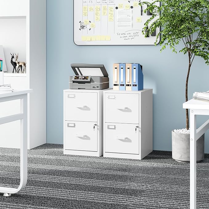 2 Drawers File Cabinet White Metal Vertical Filing Cabinets Metal Lockable - Image 2