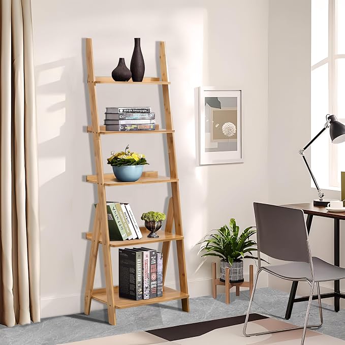 DOUSY- 5-Tier Bamboo Ladder Shelf Ladder Bookshelf Plant & Flower Stand Bookcase - Image 6