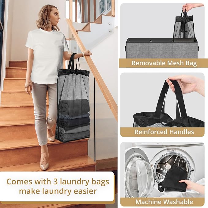 180L Laundry Hamper 3 Section, Large Laundry Basket - Image 5