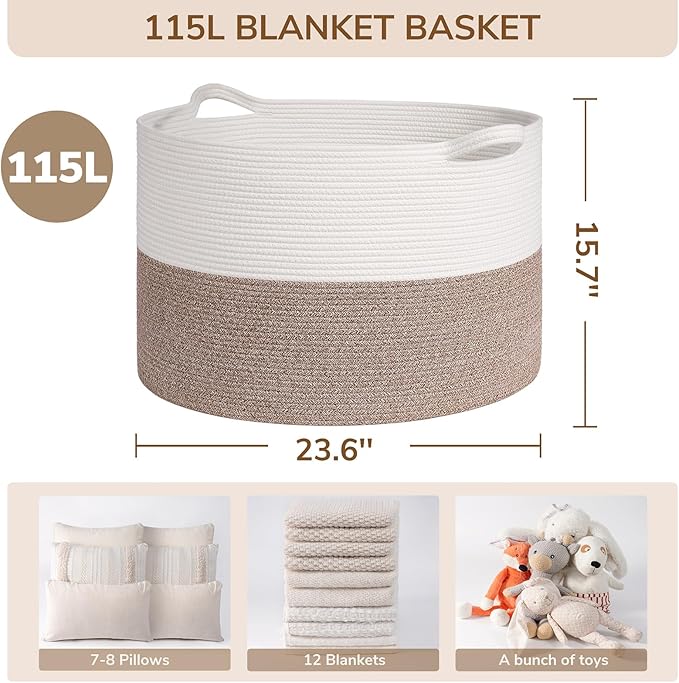 INDRESSME 115L Extra Large Blanket Basket, Soft Cotton Rope Storage Basket - Image 2