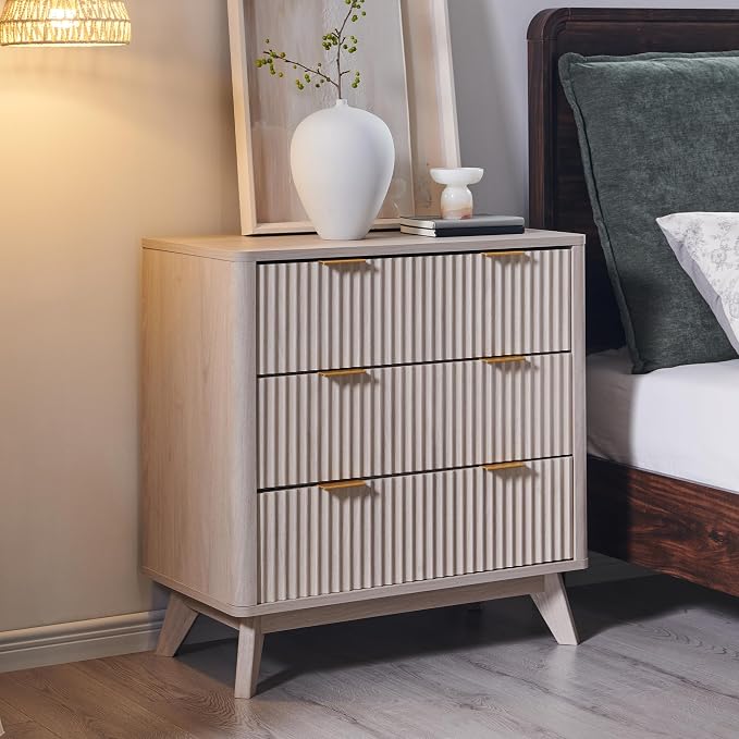 T4TREAM Fluted 3 Drawers Nightstand, Oversized Extra Large Modern Side Table - Image 3