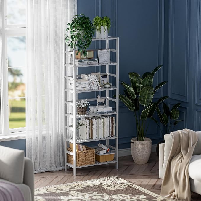 HITNET Bookshelf, 6-Tier Tall Bookcase Freestanding Bamboo Book Shelf Bathroom - Image 9