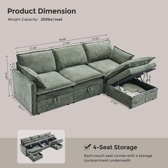 88.98" Sectional Couches for Living Room, Cloud Couch Sectional - Image 2