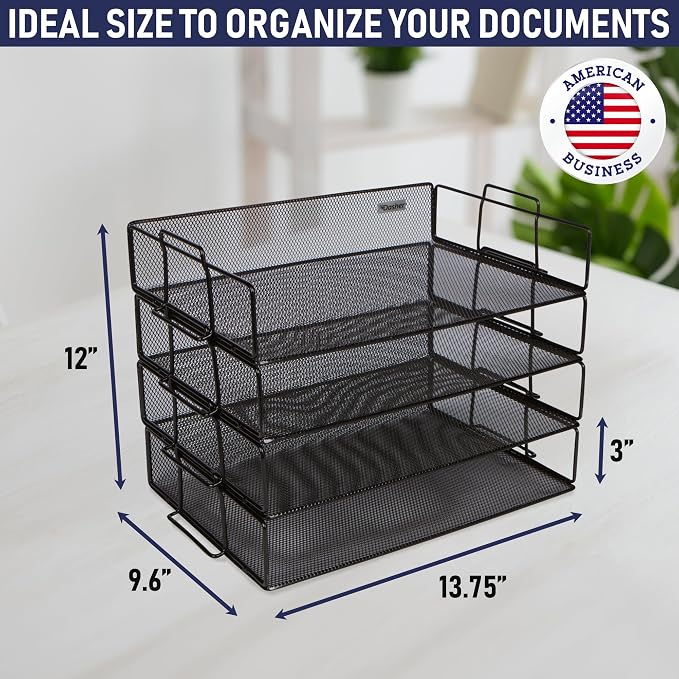 Stackable Paper Tray Desk Organizer, 4-Tier Metal Mesh Letter Organizers - Image 3