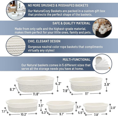 NaturalCozy 5-Piece Rectangle Storage Basket Set- Natural Cotton Rope Woven - Image 2