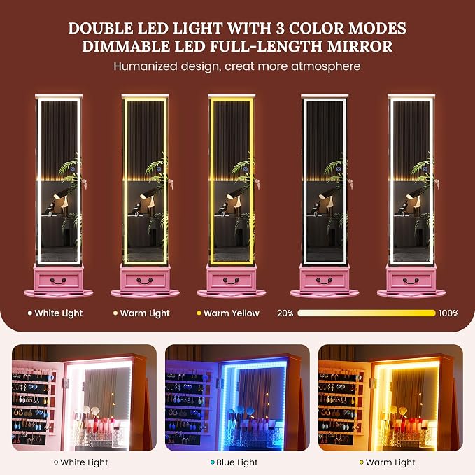 LVSOMT LED Mirror Jewelry Cabinet Standing, 360°Swivel Jewelry Armoire - Image 8