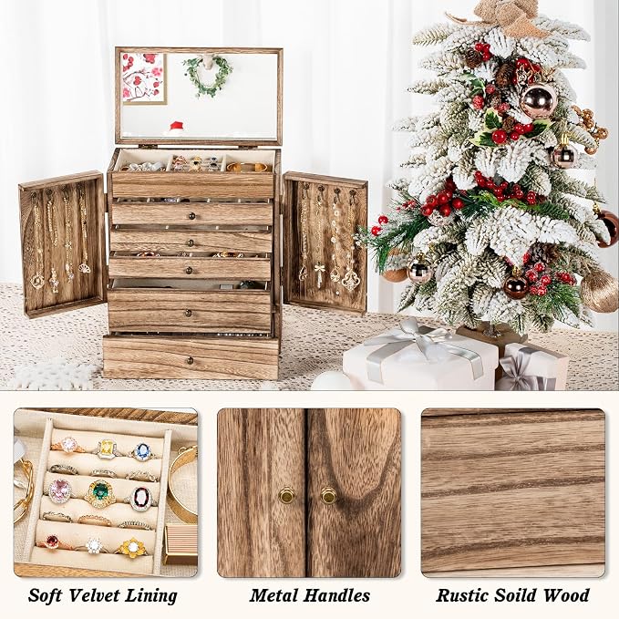 Emfogo Wooden Jewelry Box for Women, 6-Tier Large Jewelry Organizer Boxes - Image 3