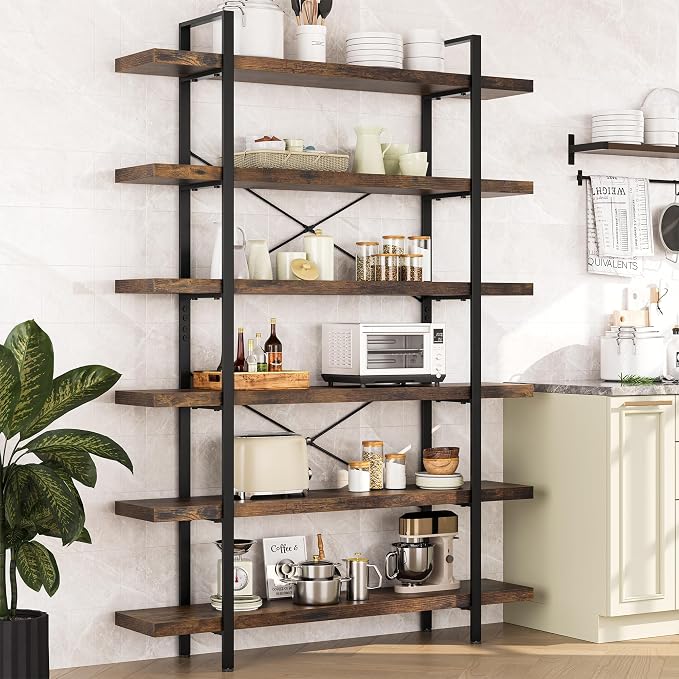 Heavy Duty 6-Tier Industrial Bookcase, 120lbs Shelf Capacity, Rustic Open - Image 8