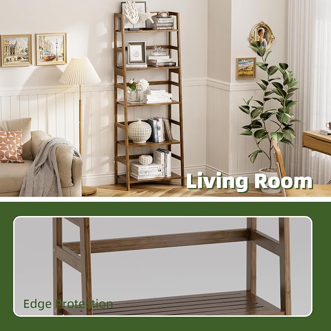 Ladder Shelf, 5-Tier Bookshelf, All Bamboo Heavy Duty Bookcase, Freestanding - Image 6