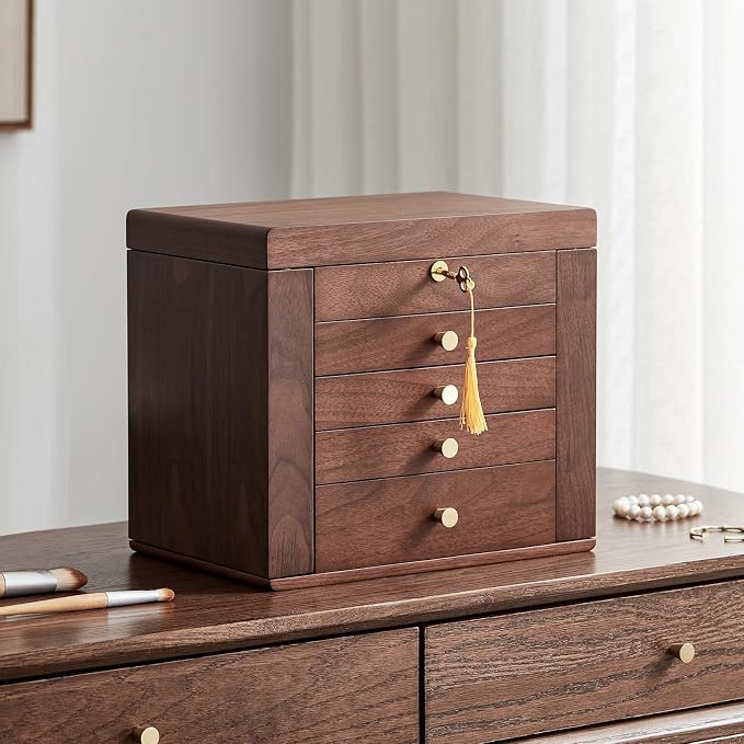 Black Walnut Wooden Jewelry Box, Wood Jewelry Organizer by Homruilink