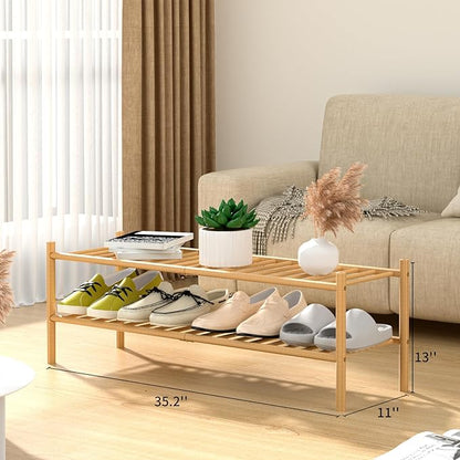 2-Tier Bamboo Long Shoe Rack, Free Standing Wood Shoe Shelf Storage Organizer - Image 3