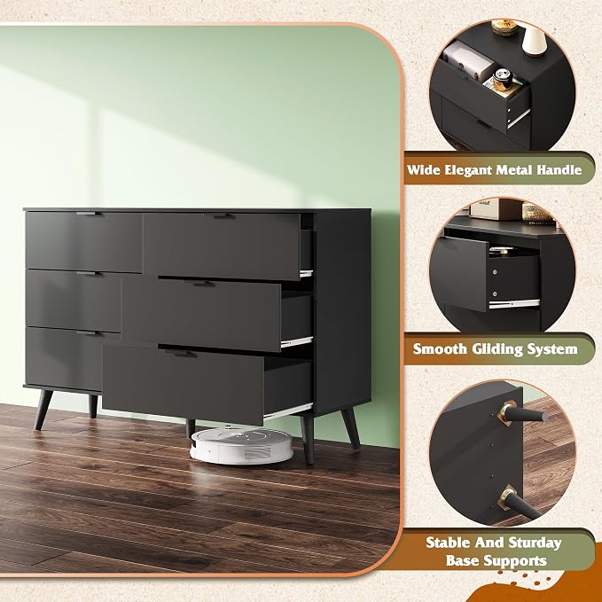 WLIVE Black Dresser for Bedroom, 47.24'' Wide 6 Drawer Wooden Dresser Storage - Image 7