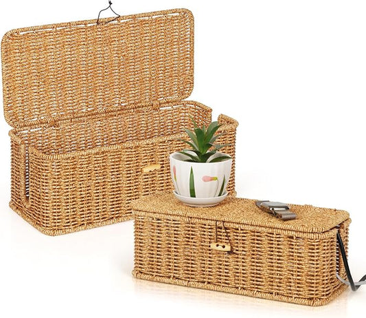 Cable Management Box, Handwoven Faux Rattan Cord Organizer Box by Tohiasen