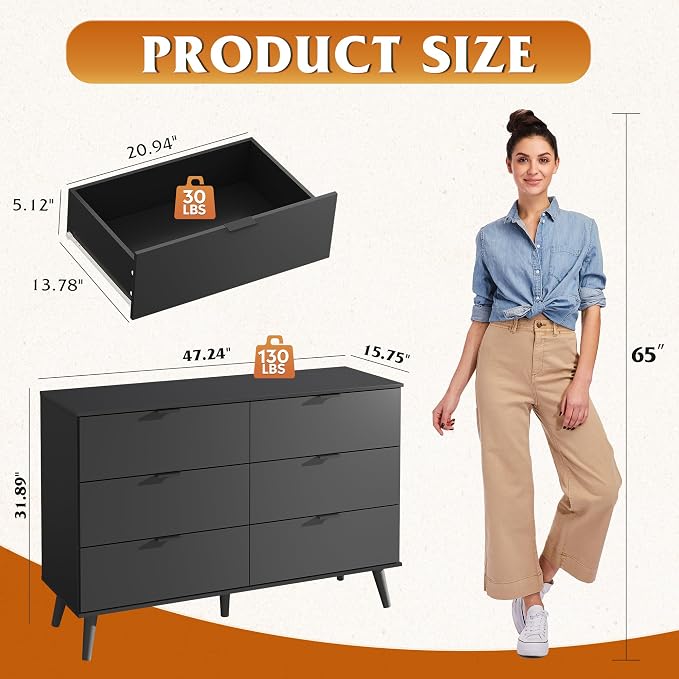 WLIVE Black Dresser for Bedroom, 47.24'' Wide 6 Drawer Wooden Dresser Storage - Image 3
