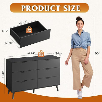 WLIVE Black Dresser for Bedroom, 47.24'' Wide 6 Drawer Wooden Dresser Storage - Image 3