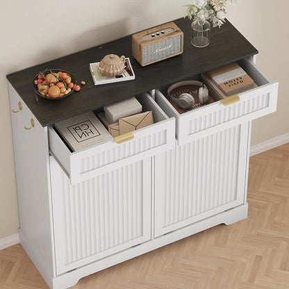 2x13 Gallons Double Tilt Out Trash Can Cabinet, Wooden Fluted Trash Garbage Can - Image 3