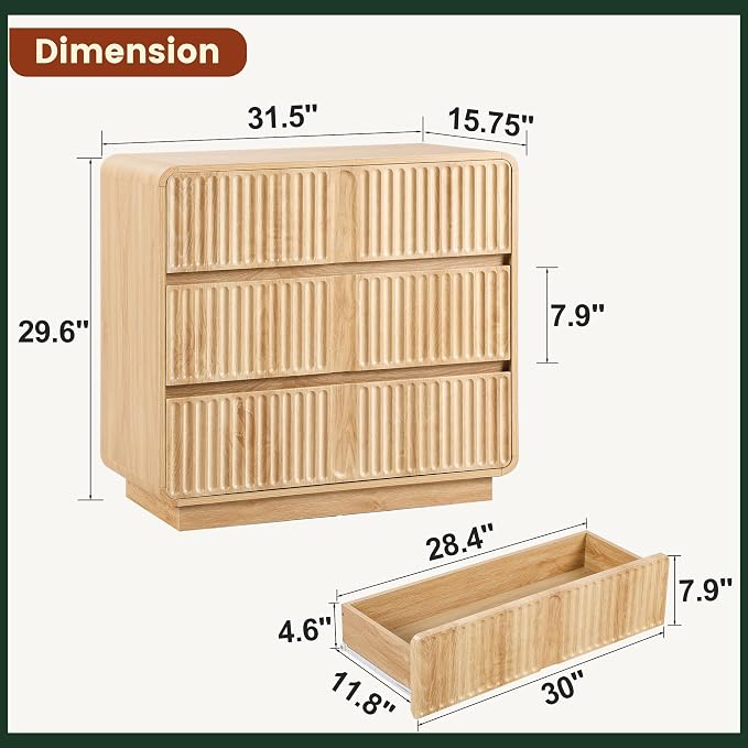 Fluted 3 Drawer Dressers for Bedroom, 31.5" Wide Large Mid Century Modern - Image 3