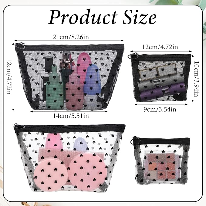 4 PCS Heart Printed Mesh Makeup Bag Set - Image 2