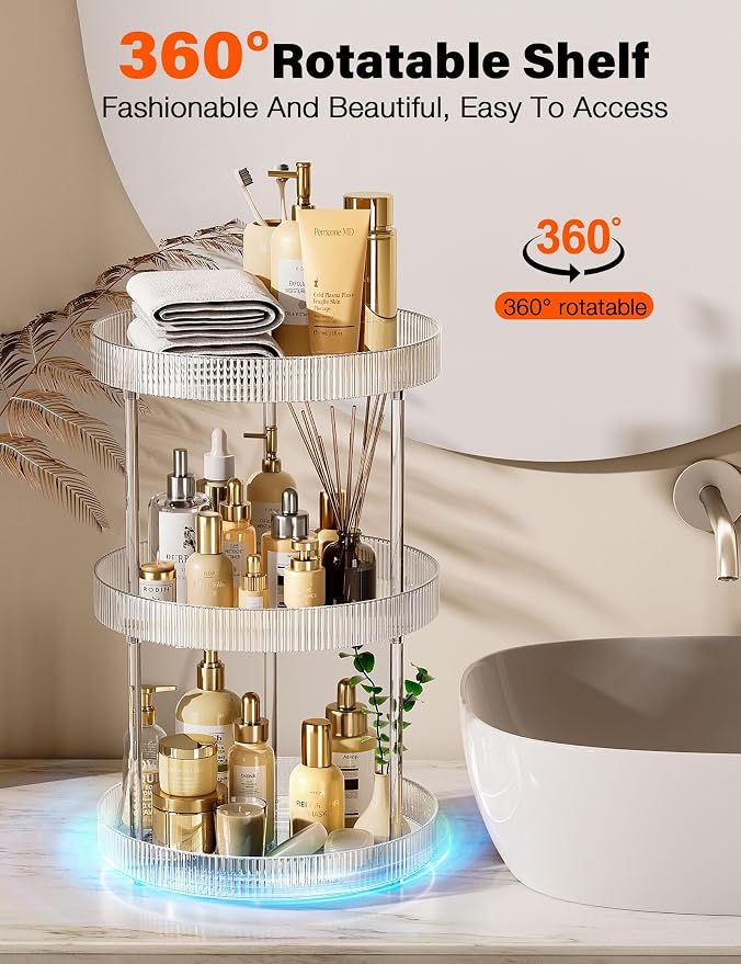 3-Tier Lazy Susan Bathroom Countertop Organizer, 360° Clear Rotating Storage - Image 2