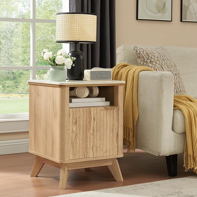 QUW Fluted Nightstands with Charging Station, Wooden Bedside Table with Faux - Image 3