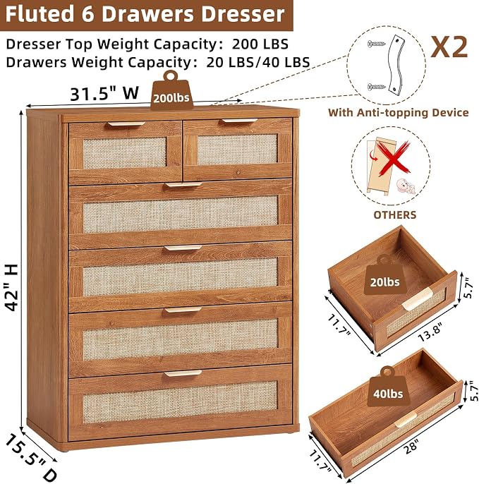 LEYAOYAO Rattan Dresser for Bedroom, Modern 6 Drawers Boho Dressers - Image 2