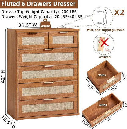 LEYAOYAO Rattan Dresser for Bedroom, Modern 6 Drawers Boho Dressers - Image 2