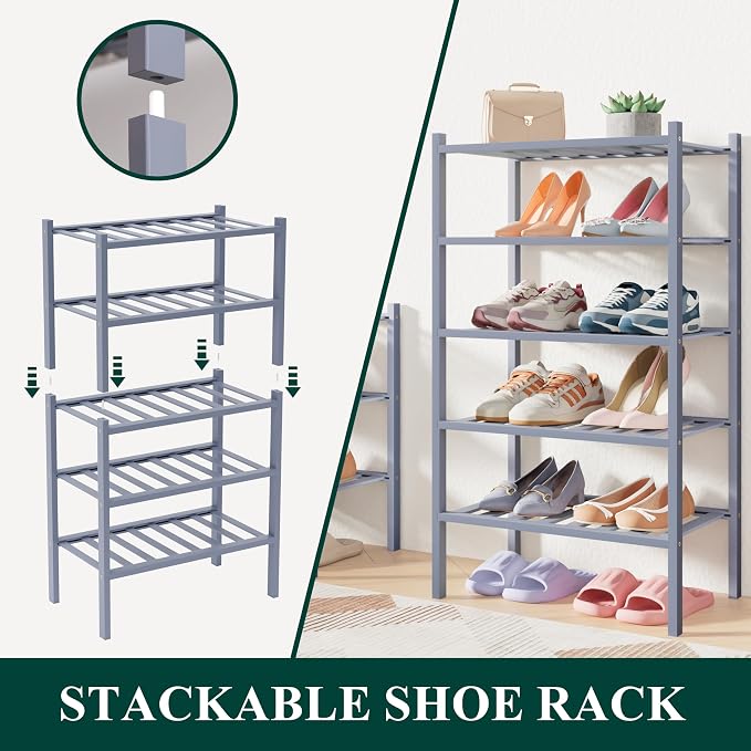 Smiry Bamboo Shoe Rack for Closet, 3 Tier Small Wooden Stackable Shoe Organizer - Image 6