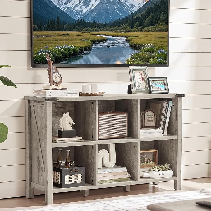Farmhouse 6 Cube Bookshelf, Rustic Grey Oak Wooden Storage Organizer Book Shelf - Image 5