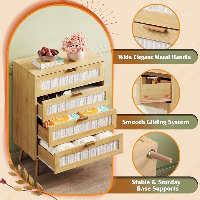 WLIVE Rattan Dresser for Bedroom, 4 Drawer Wooden Boho Dresser Storage - Image 6