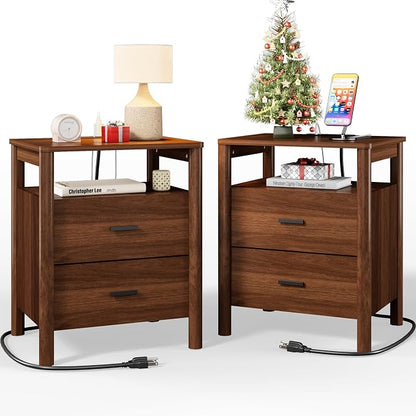Night Stand Set of 2 with Charging Station, 2 Drawers End Table with Open Shelf by FavourLife