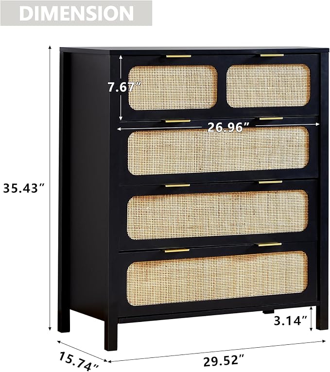 4 Drawer Dresser with Rattan Finish, Modern Farmhouse Chest of Drawers with - Image 2